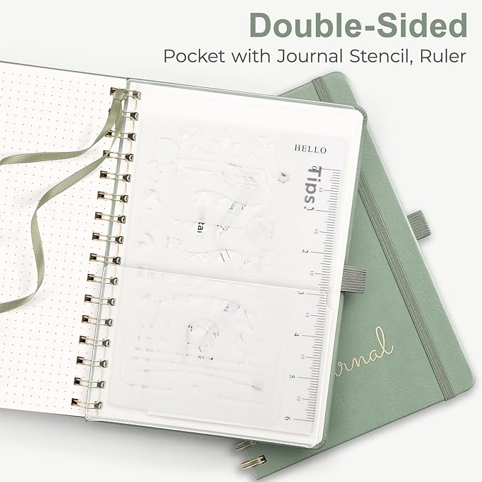 EMSHOI Bullet Dotted Journal - Dot Grid Spiral Notebook 8.5" x 11", A4 Large Dotted Notebook, 100 GSM Thick Paper, PU Leather Hardcover Journals for Bullet Journaling, Sketching, Light Green