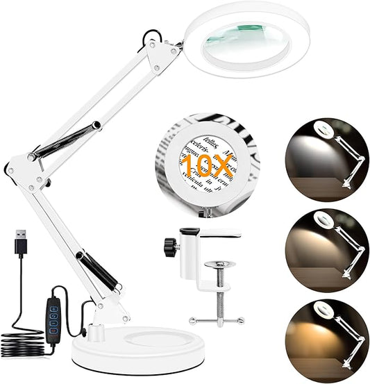 10X Magnifying Glass with Light and Stand, 2-in-1 LED Magnifier Desk Lamp, 3 Color Modes 10 Level Dimmable, Hands-Free Lighted Magnifier for Craft Repair Nail Reading Close Works (White, Base)