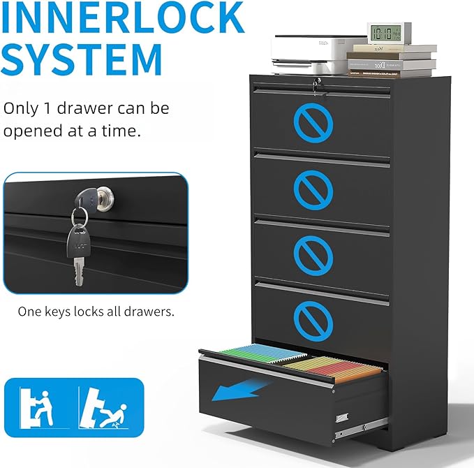 5 Drawer Lateral File Cabinet with Lock, Black Metal Lateral Filing Cabinet for Home Office, Steel Wide Filing Cabinets for Letter/Legal/A4/F4 Hanging File Folders (Black)