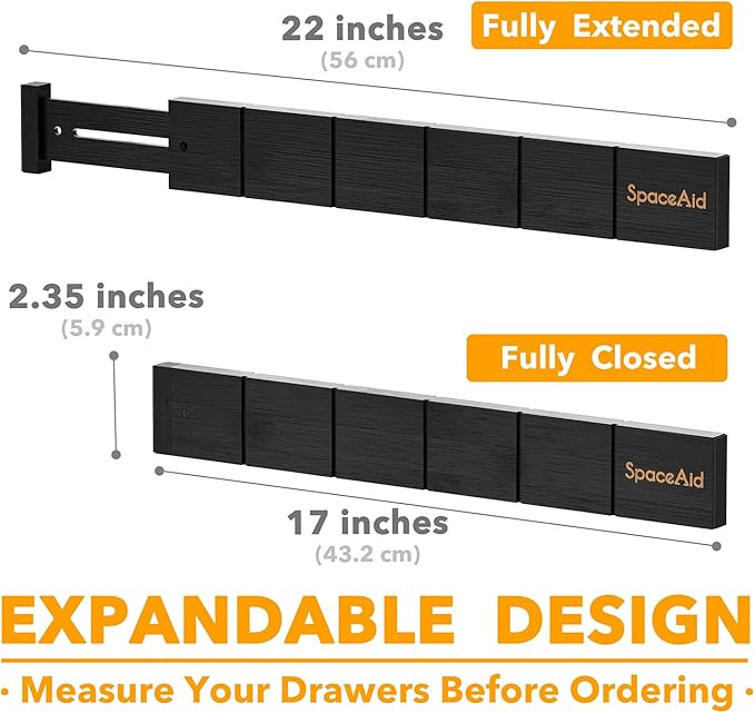 SpaceAid Bamboo Drawer Dividers with Inserts and Labels, Kitchen Adjustable Drawer Organizers, Expandable Organization for Home, Office, Dressers, 10 Dividers with 24 Inserts (17"-22" Black)
