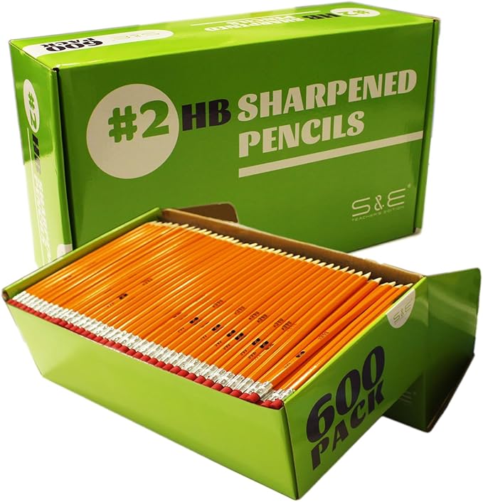 S & E TEACHER'S EDITION Woodcased #2 Pencils, Pre-sharpened, Yellow, with Erasers #2 HB Lead Bulk Box, No. 2 Pencil, Back to school, 600Pcs