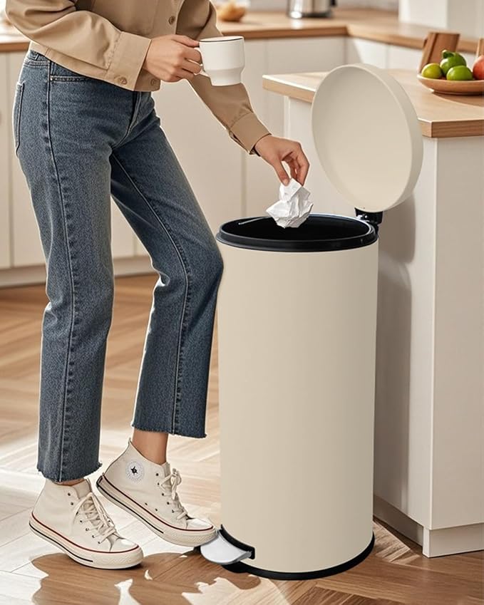 8 Gallon Trash Can, Tall Round Stainless Steel Garbage can with Removal Inner Liner, Soft Close lid, Step on Pedal Trash bin for Kitchen, Office, Living Room or Bathroom, Cream