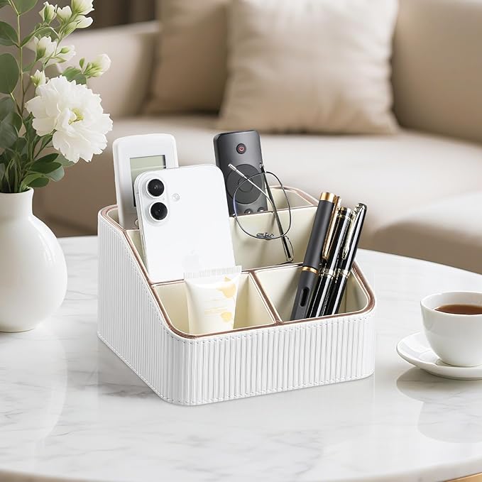 Remote Control Holder with 4 Compartments, PU Leather Small Nightstand Organizer for Home Desk Accessories Office Supplies, Multifunctional Stylish Small Bedside Desktop Organizers (White)