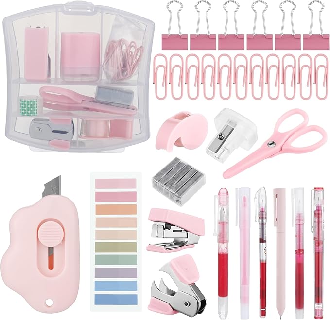 Colarr Mini Office Supply Kit Includes Stapler Tape Dispenser Staple Remover Paper Clips Scissor Staples Pen Sharpener Note Small Telescopic Knife for Office and School Clerk Student (Pink)