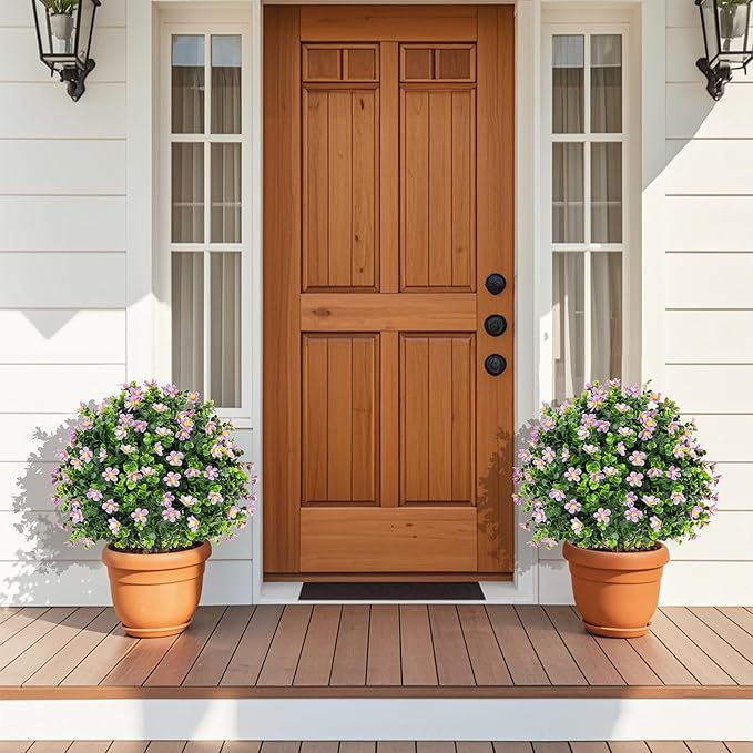 Goplus 21.5'' Artificial Boxwood Topiary Ball Tree, Set of 2 Faux Potted Plants Artificial Shrubs Bushes with Flowers, Fake Evergreen Artificial Topiary for Indoor Outdoor Home Front Porch Decor