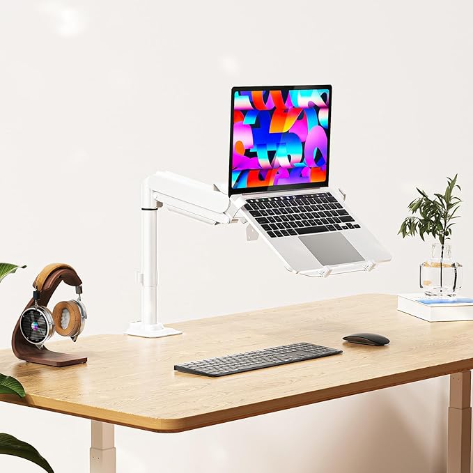 WALI Laptop Tray Desk Mount, Laptop Arm Mount Fits 10-15.6 Inch Notebook, 2-in-1 Gas Spring Monitor Arm for 17-32 Inch Computer Screen, Holds up to 22lbs(GSDM00LPW), White