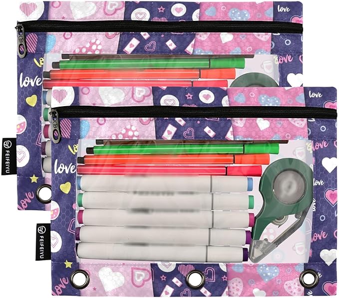 ZAZYXTJ Personalized Heart Binder Pencil Pouchs 3 Ring with Zipper Clear Window Office Organizers bag for School Students Teacher Supplies 2 Pack