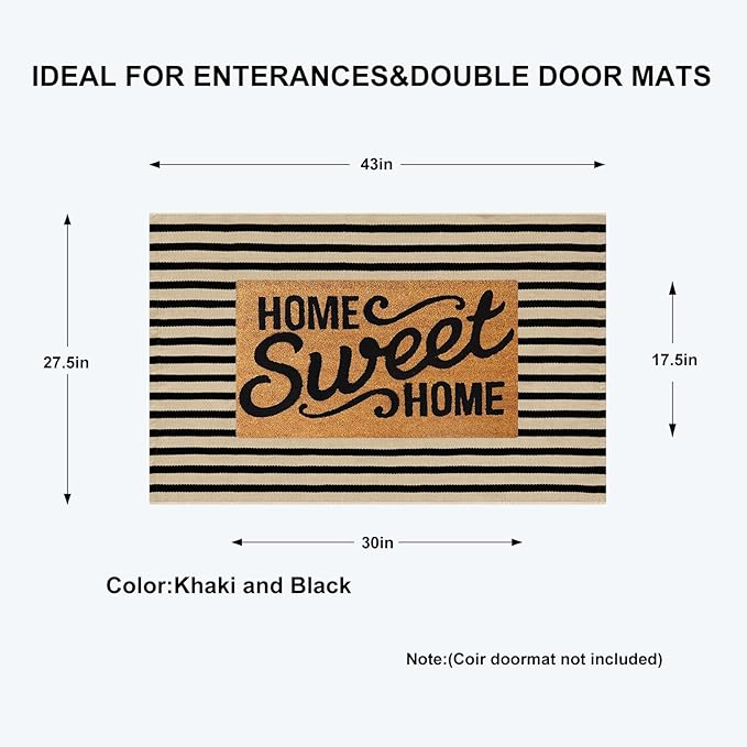 KIMODE Striped Outdoor Rug 27.5x43 Inches, Machine Washable Outdoor Front Porch Rug, Black and Khaki Front Door Mats, Hand Woven Welcome Layered Doormat Entryway Rug for Entrance, Doorway