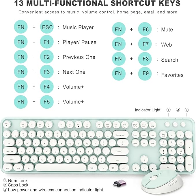 Wireless Keyboard and Mouse Combo, Ergonomic Full Size Typewriter Retro Round Keycaps Keyboard, Compatible with Windows, PC, Perfer for Home and Office Keyboards（Green）