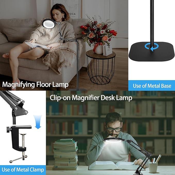 12X Large Magnifying Glass with Light and Floor Stand, 3-in-1 Swing Arm Floor Lamp Magnifier with 5 Color Modes 10 Dimmable Brightness, Hands Free Lighted Magnifying Glass with Clamp for Close Work
