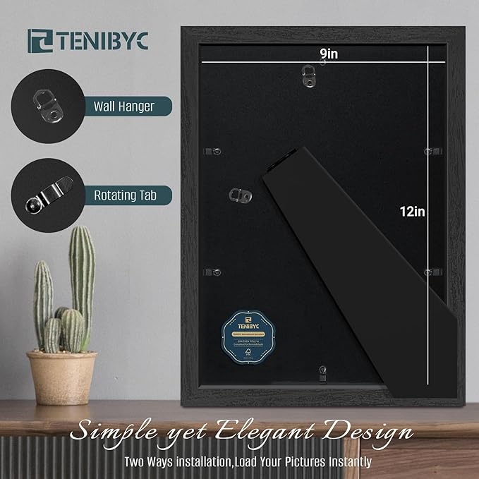 9x12 Picture Frames Set - 3 Pack - Black Solid Wood Poster Frame - Tempered Glass - Exclusive Woodgrain - Rooms, Offices, Gallery, Studio, and Hallway, Wall Display Decor