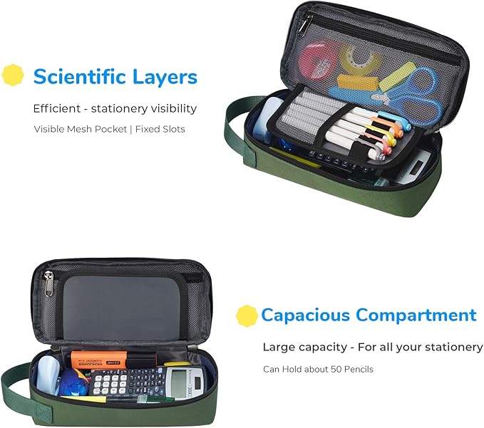 ECHSRT Pencil Case for Men Women, Large Pen Bag for Adults, Portable Pencil Pouch Aesthetic with Handle, Zipper Cases for Office Organizer Green Pencil Cases