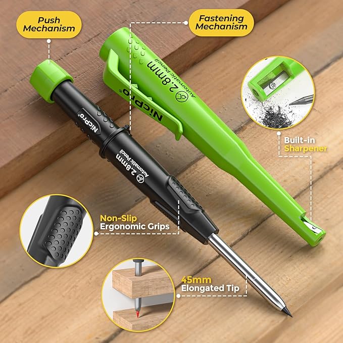 Nicpro Carpenter Pencil with Sharpener, CP3000 Carpenter Mechanical Pencils with 19 Refill, Deep Hole Marker for Construction, Heavy Duty Construction Pencil, Woodworking Tool for Architect Marking