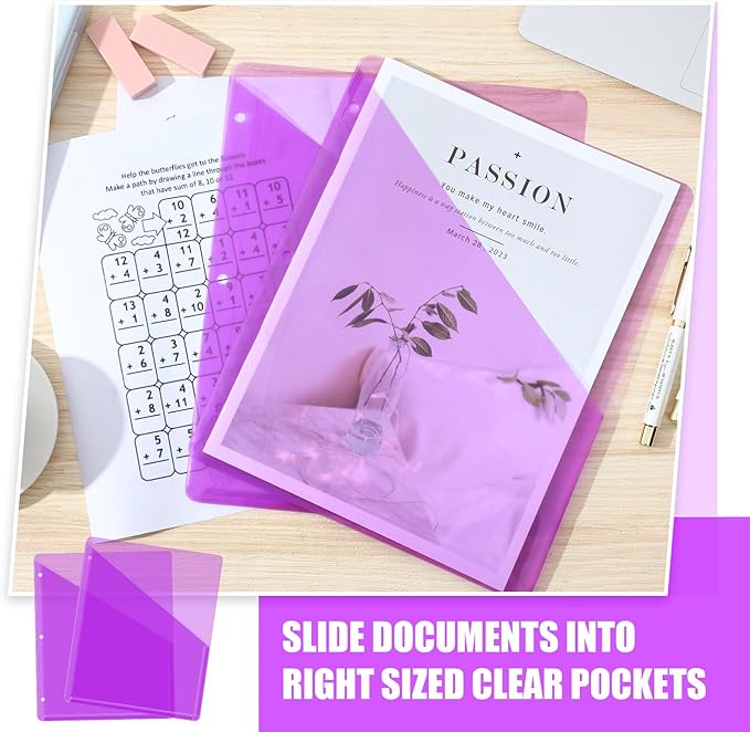 Seajan 48 Pcs Pocket Folders for 3 Ring Binder Clear Plastic Folders Sleeves with 2 Pockets 3 Hole Punch Binder Dividers Poly Slash File Jackets for Office School Document Organizer (Purple)