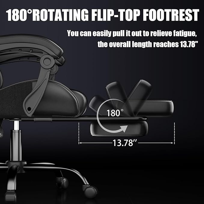 Gaming Chair, Ergonomic Office Computer Chair with Footrest and Lumbar Support Massager Racing Style High Back Video Gamer Chair, Wide＆Thick Cushion, 90°-135° Recline, Adjustable Height, Black