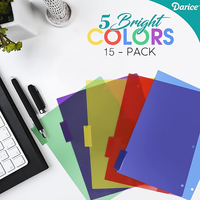 Darice 5-Tab Plastic Dividers 15 Pcs - Binder Dividers with Tabs - Multicolored Plastic Divider for 3 Ring Binder - File Organization – Ideal for Office, Back to School Supplies