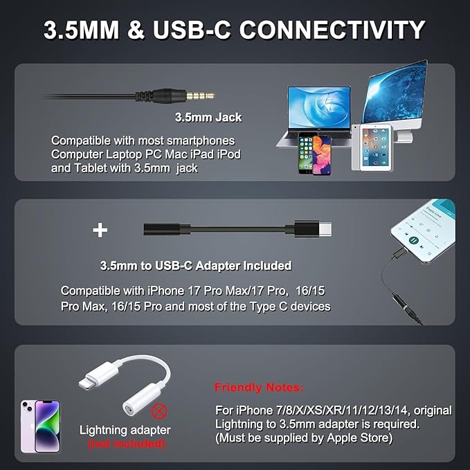 Callez Wired Computer Headset, 3.5mm/USB-C Headset with Mic Noise Cancelling for Work, Cell Phone Headphone for PC Laptop Mac iPhone Samsung Zoom Teams Call Center Home Office, in-line Controls