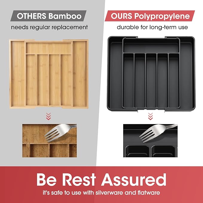 Aujen Silverware Organizer - Expandable Kitchen Drawer Organizer, Adjustable Utensil Organizer, Cutlery Tray for Forks, Knives, Multipurpose Kitchen Organizers and Storage Solution, Black, Large