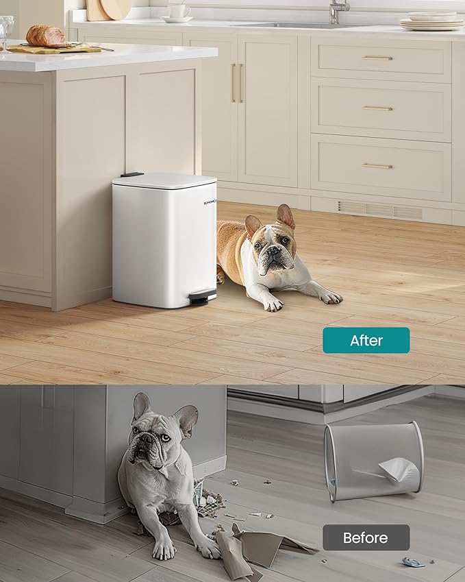 SONGMICS Kitchen Trash Can, 5.2-Gallon (20 L) Trash Bin, Stainless Steel Garbage Can, with Inner Bucket, Soft Close and Stays Open, Cloud White ULTB592W01