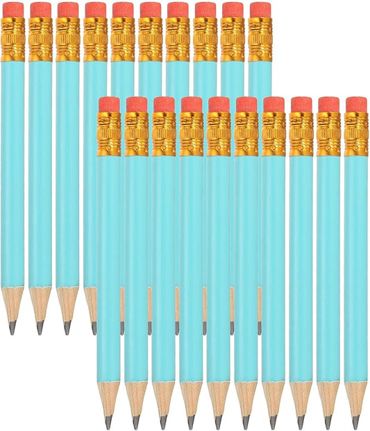 MECCANIXITY Golf Pencils with Erasers, 4" HB Mini Half Pencils Pre Sharpened Small Pens for Wedding Bridal Shower Game Office Writing Drawing(Blue, Pack of 20)