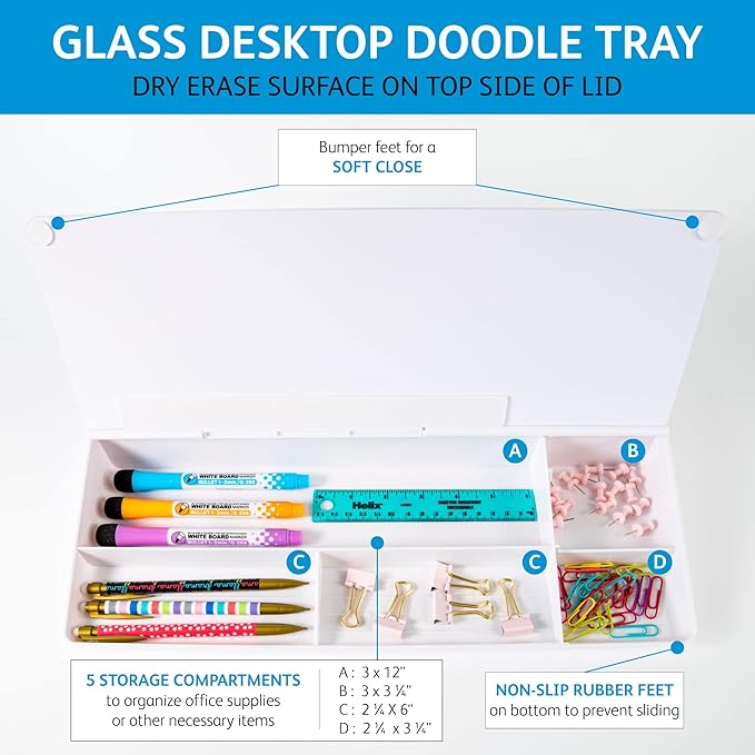 Glassboard Studio Glass Dry Erase Doodle Tray for Desktop Office Supply Storage - Marker and Eraser Included (8 Markers, White)