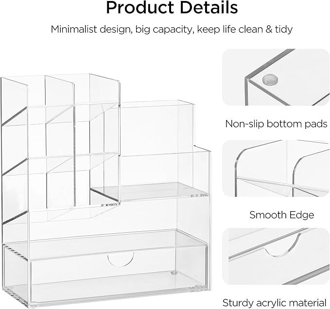 HBlife Acrylic Multi-Functional Pencil Organizer with Drawer, Large Clear Pen Holder for Desk, Desk Organizers and Accessories for Office Art Supplies, School and Home