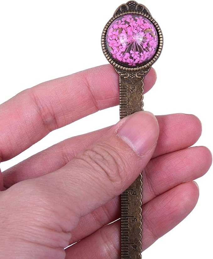 Wisdompro 2 Pcs Metal Bookmark, Retro Vintage Bronze Book Mark Ruler with Dried Flower, Packaged in a Gift Box - an Ideal Gift for Kids, Students, Teachers, Book Lovers - Blue, Hotpink