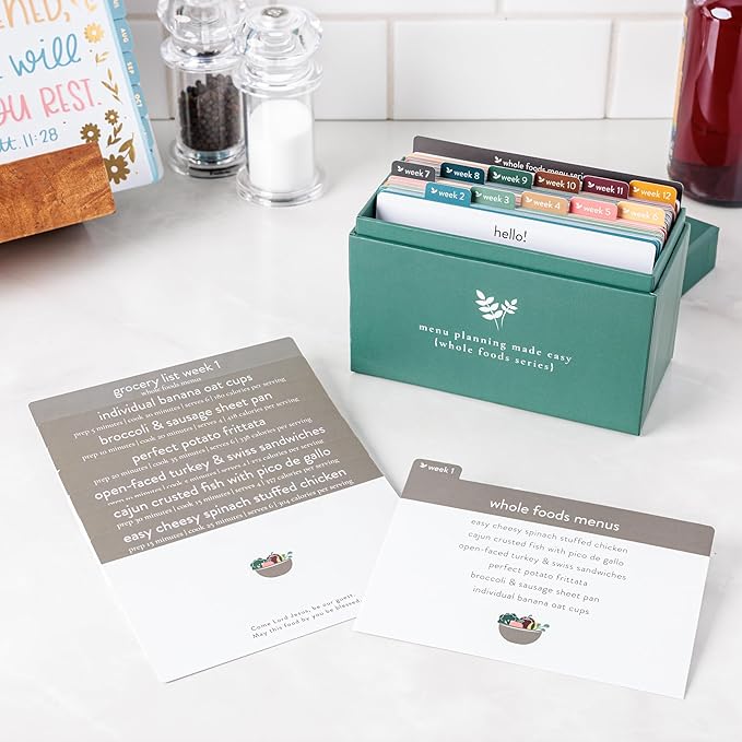 Meal Planner with 72 Recipe Cards (Whole Foods Menu) - Weekly Menu Planner | Sturdy Recipe Box | 12 Reusable Grocery Shopping Lists | 5 Blank Recipe Cards | Recipe Card Protector | Recipe Ideas