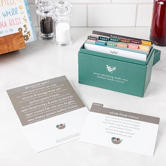 Meal Planner with 72 Recipe Cards (Whole Foods Menu) - Weekly Menu Planner | Sturdy Recipe Box | 12 Reusable Grocery Shopping Lists | 5 Blank Recipe Cards | Recipe Card Protector | Recipe Ideas