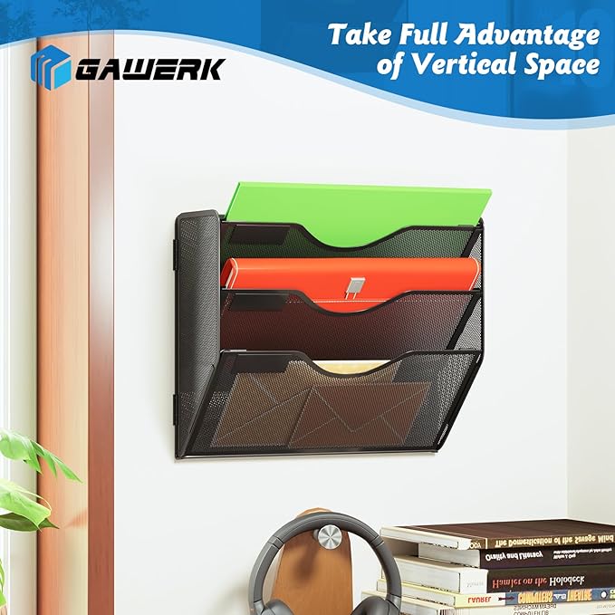 3 Tier Hanging Wall File Organizer, Mesh Mail Paper Orgnization Hanging File Folder Holder for Home Office, Black