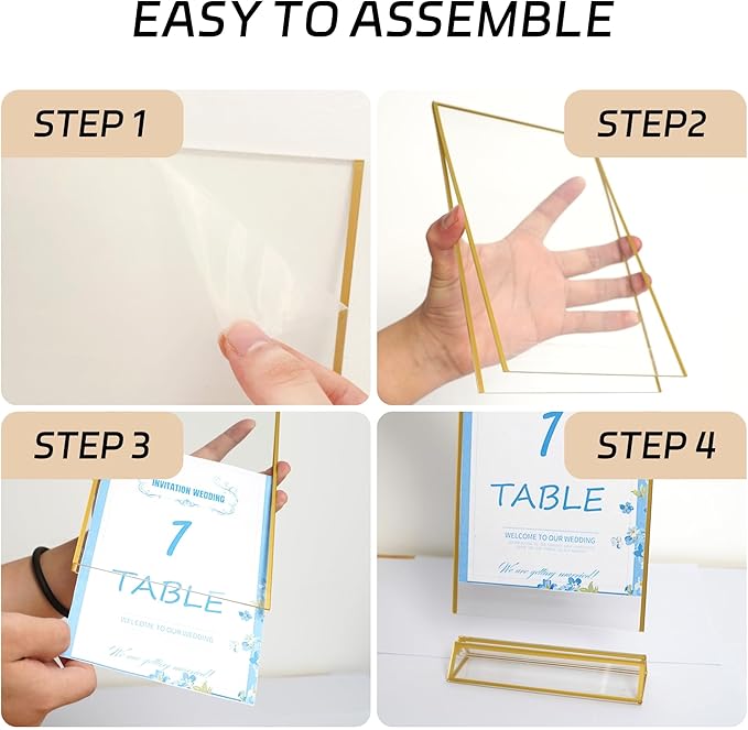 Acrylic Sign Holders Golden Border 8 Pack 7x5 Wedding Table Number Frames Double Sided Table Menu Stands with Horizontal Stand, Photos and Art Display