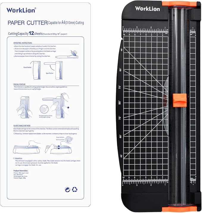 WORKLION Paper Cutter - A4 Paper Craft Cutter with Security Blade for Cut Gift Card, Coupon, Label, Cardstock, Photo, 12 inch Black Office Paper Trimmer