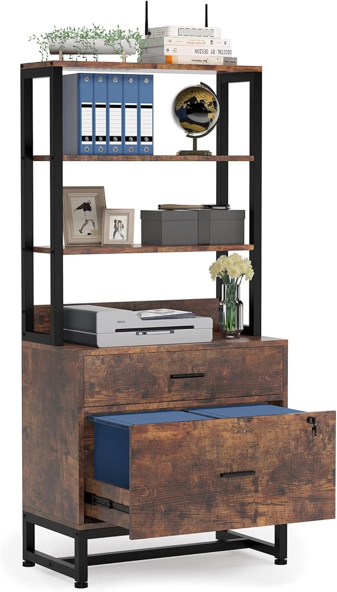 Tribesigns 2 Drawer Vertical File Cabinet with Lock & Bookshelf, Letter Size Large Modern Filing Cabinet Printer Stand with Open Storage Shelves for Home Office, Dark Brown