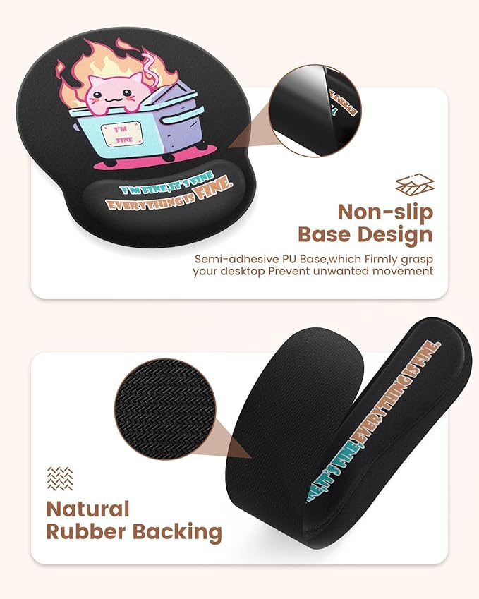 HAOCOO 4-in-1 Cute Desk Mat Set, Ergonomic Mouse Pad with Gel Wrist Rest, Memory Foam Keyboard Wrist Rest for Pain Relief, Desktop Protector Coaster, Comoputer Pads with Non-Slip Base(Black)