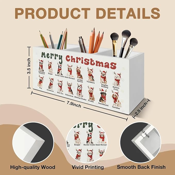 Merry Christmas Dog Pen Pencil Holder Organizer for Desk Accessories, Dog Lover Owner Gifts, Christmas Santa Dogs Chart Wooden Box Signs Decorations for Home Office Desk Tabletop
