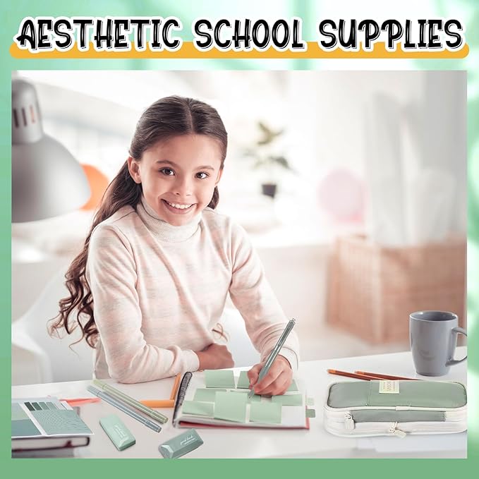 Janlaugh 38 Pcs Aesthetic College School Supplies with Pen Case Sticky Notes Gel Pens Highlighters Correction Tapes Back to School Stationery Kit(Green Color,Classic)