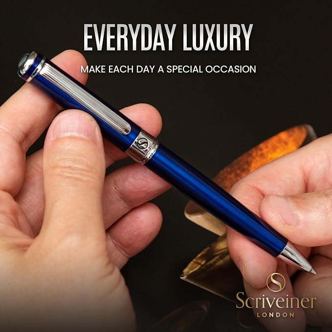 Scriveiner Midnight Blue Ballpoint Pen - Stunning Blue Lacquer Luxury Pen, Chrome Finish, Schmidt Black Refill, Best Ball Pen Gift Set for Men & Women, Professional Executive Office, Nice Designer Pen