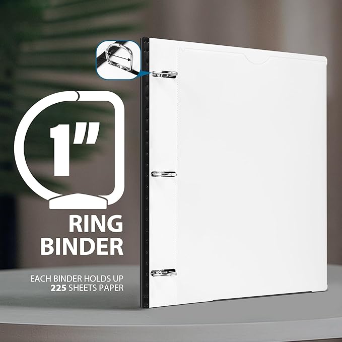 WOT I 1 Inch Telescoping 3 Ring Binder 12-Pack, Expandable Flexible Binder with Customizable Front Cover & Clear Catalog Pocket, Holds 225 Sheets, School Office Supplies, Black+White