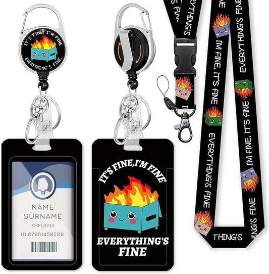 Dumpster on Fire Lanyards for ID Badges and Keys, Funny Badge Reel Retractable Heavy Duty with 360° Swivel Carabiner Clip, I'm Fine ID Badge Holder with Breakaway Lanyard, Teacher Nurse Office Gifts