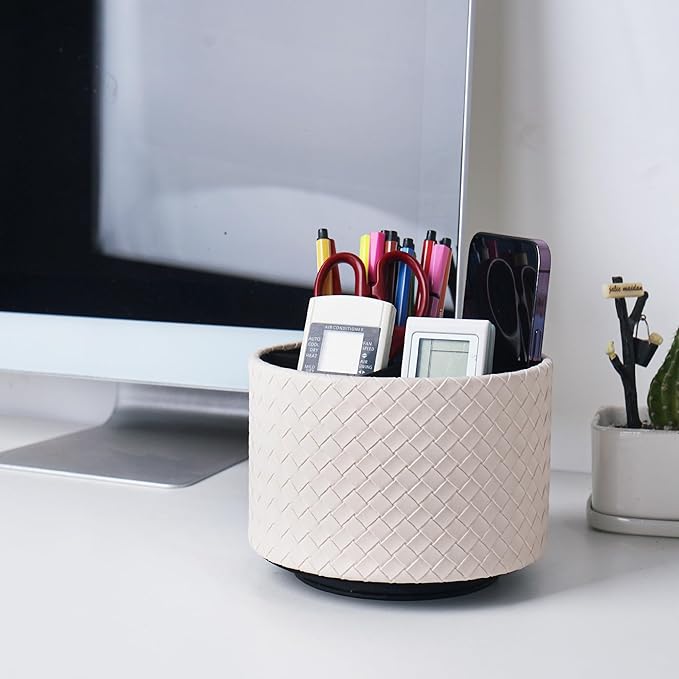 Hennaja Round Leather Art Supply Organizer,Remote Control Holder,360 Degree Spinning,Multi-Functional Pencil Holder,4 Compartments Desktop Stationary Organizer(1-Weave White)