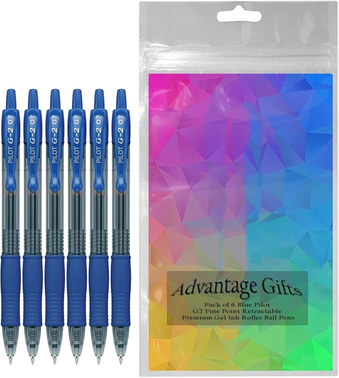 G2 Retractable Premium Gel Ink Roller Ball Pens Fine Point Fine Point (.7mm) Blue Ink 6-pk; Refillable & Premium Comfort Grip Bundle with Plastic Reusable Pouch