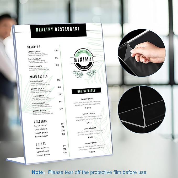 12 Pack Slanted Back Acrylic Sign Holders 5x7 for Business & Store, Tabletop Vertical Sign Holder with Anti-Slip Pads Clear Display Stand, for Menus Flyer Documents Office Restaurants Party Decoration