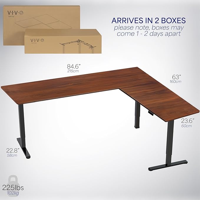 VIVO Electric Corner L-Shaped 84 x 63 in Standing Desk, Memory Height Adjustment, Dark Walnut Top Black Frame, DESK-E3CTBD-84