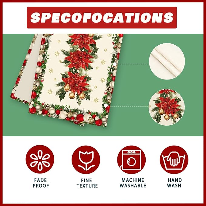 XCHI Christmas Poinsettias Leaves Bells Snowflakes Winter Xmas Table Runner Table Decoration for Home Kitchen Dining Holiday Decor 13x36 Inch