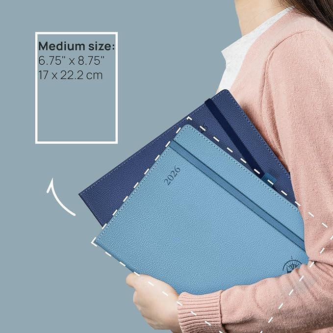 POPRUN 2026 Weekly & Monthly Planner Calendar, 6.75" x 8.75" Medium, Horizontal Layout with Lined Sections, Jan. 2026 - Dec. 2026, Leather Hardcover, 100GSM Paper, Inner Pocket - Aquamarine