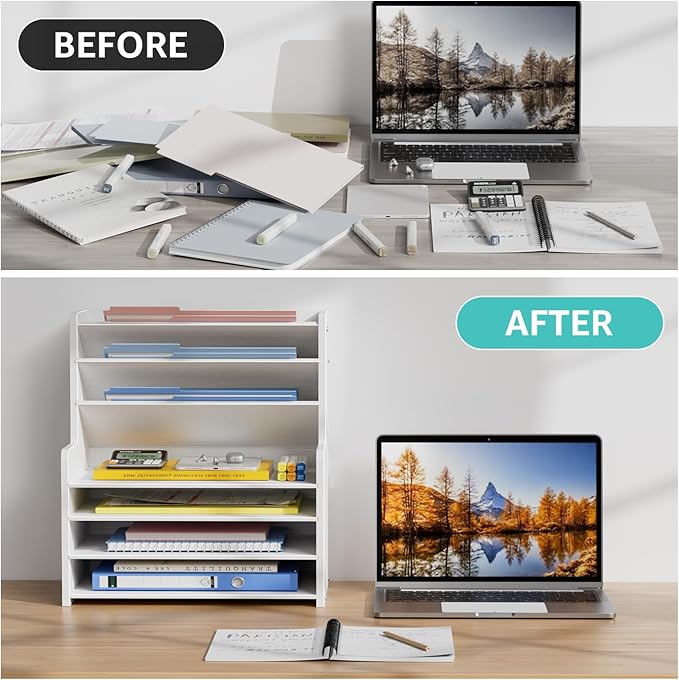 Wood Office Desk File Organizer - 7 Tier Desk Top Storage Shelf Stationary Workspace Organization Small Wooden Desktop Paper Tray,White