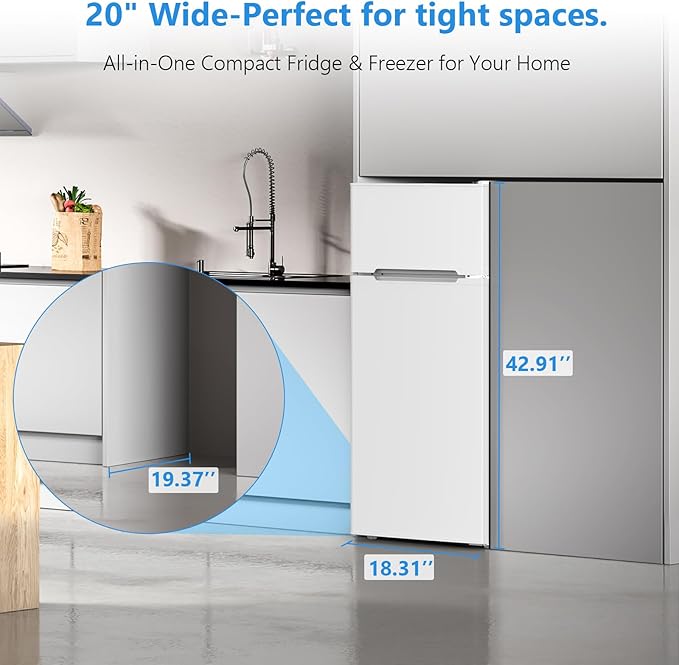 4.5 Cu.Ft Mini Fridge with Freezer, 2 Door Compact Refrigerator, Small Fridge with Adjustable Thermostat Energy Ultra Quiet, Mini Fridge Removable Glass Shelves for Bedroom Office Dorm White