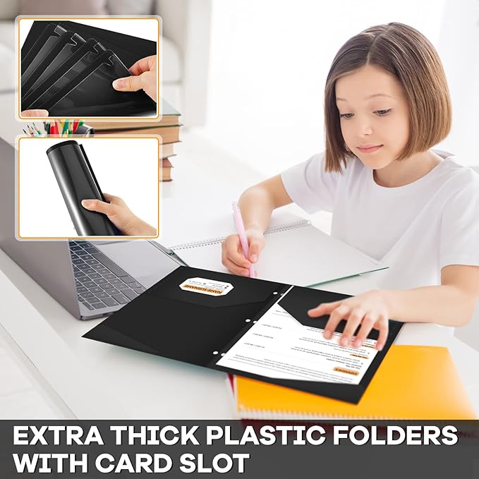 Henoyso 60 Pcs 2 Pocket Plastic Folders with Clear Front Pocket 3 Hole Punched File Folder Letter Size Take Home Documents Holder for Paper Holder Office Business Back to School Supply (Black)