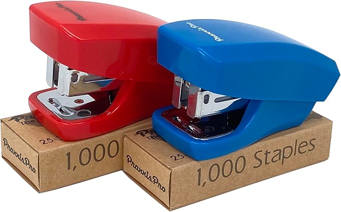Aria Premium Mini Stapler Set by PraxxisPro - with Built-in Staple Removers, 2000 Standard Staples Included - for Office, School, and Travel, Set of 2, Blue & Red