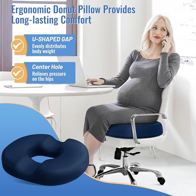 CloudBliss Donut Pillow Seat Cushion for Tailbone Pain Relief and Hemorrhoids, Memory Foam Seat Chair Cushion for Postpartum Pregnancy, Seat Cushions for Men and Women for Home & Office, (Blue-XL)